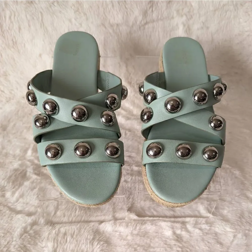 Marc Fisher Prisca Ball-Studded Espadrille Sandals Sage Green Size 8.5